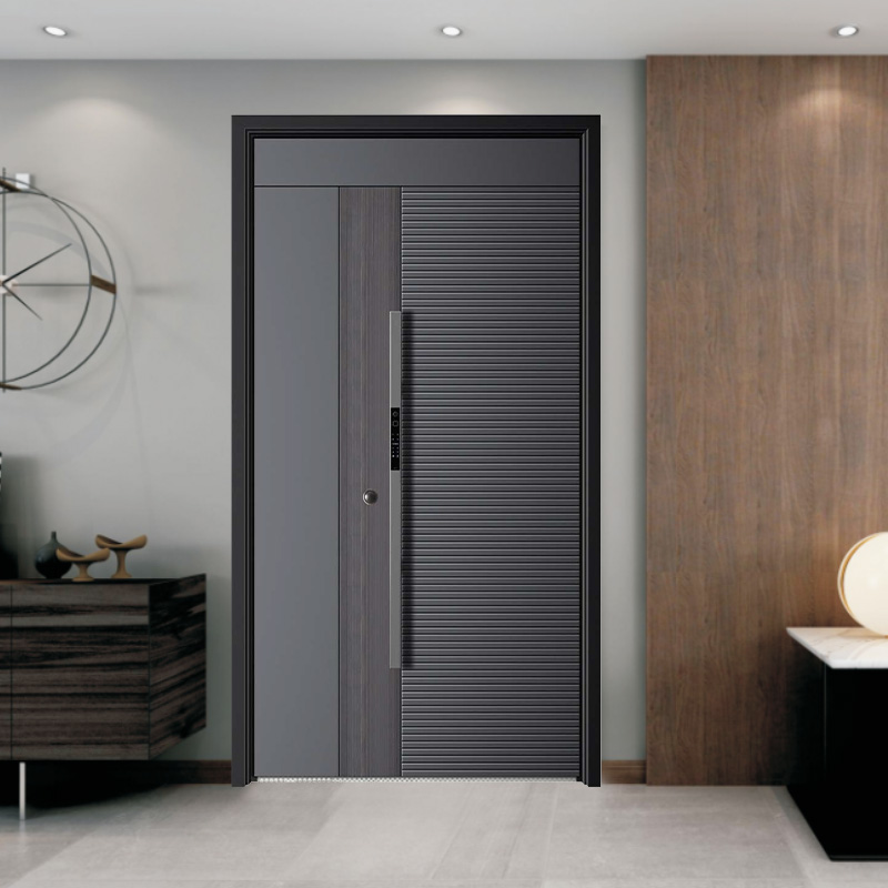 Porta anteriore in acciaio per esterni in metallo con inserto in vetro dal design grigio